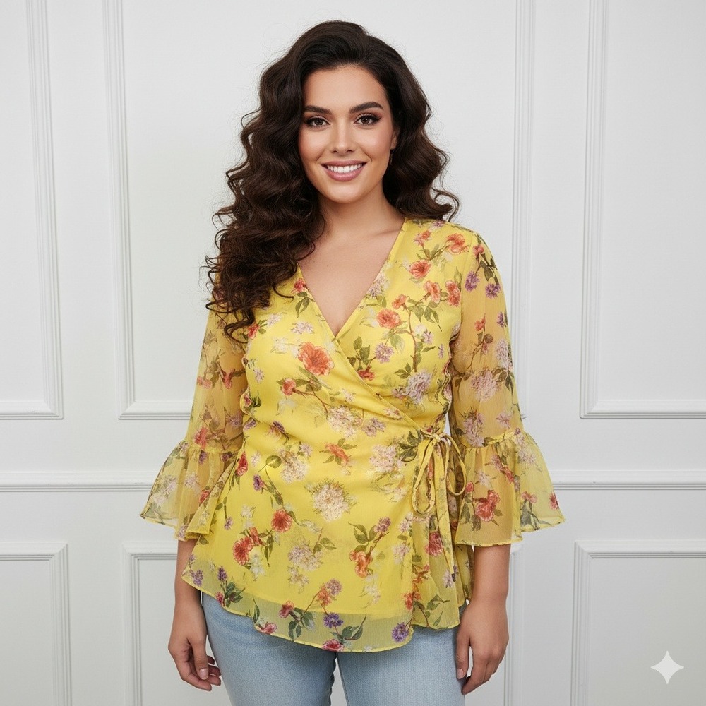 Lauren Ralph Lauren Wrap Blouse Womens XL Yellow Chiffon Floral Draped Romantic